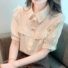 【新品】フレンチガーリー♡スカラップレースブラウス レディース 韓国 韓国ファッション 襟付き ブラウス シャツ 春 夏 フリル レース トップス デート おしゃれ おすすめ　F0789