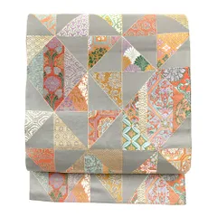 袋帯 正絹 リサイクル 唐織 グレー 灰色 金糸 橙色 水色 紫 緑 白 市松 花 菊 牡丹 唐草 桜 花菱 亀甲 紗綾形 七宝 青海波 三 No.6-0926