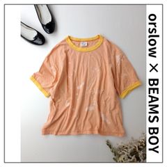 ◯orslow × BEAMS BOY オアスロウ ビームスボーイ 別注 ブリーチ リンガーTシャツ カットソー プルオーバー 半袖 日本製 オレンジ系 サーモンピンク系 (71Y＋3996)26N