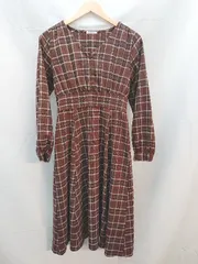 ◇ 美品 C.O.L.Z.A チェック 総柄 ハーフボタン ボリューム袖 長袖 ロング ワンピース サイズS ブラウン系 レディース E  【1303020014606】