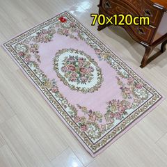 玄関マット　シェニールマット　ピンク　ゴブラン織り　70×120㎝　ローズ　バラ　フラワー　マット　ラグ　エレガント インテリア おしゃれ かわいい 滑り止め 洗える  玄関マット 薔薇 花柄 　姫系