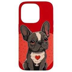 iPhone 14 Pro ハートデコレーション付きフレンチブルドッグ-バレンタインデー スマホケース 1