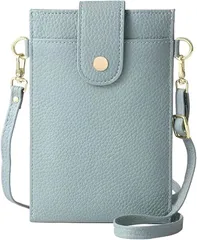 Four leaf スマホ 小銭 カードが入る スマホポーチ レディース 斜めがけ 携帯 ショルダー バッグ 縦型 軽量 レザー お財布 小銭入れ 一体型 ポシェット サコッシュ(ライトブルー)