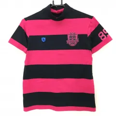 【美品】パーリーゲイツ 半袖ハイネックシャツ ピンク×黒 太ボーダー プリント レディース 表記なし ゴルフウェア PEARLY GATES