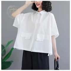 ゆったり シャツ 半袖 トップス 前開き 半袖シャツ 夏 レディース ボタン留め ショート丈 BF風 オーバーサイズ 折襟 大きい カジュアル 体ZYL545お買い得