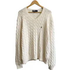 Polo Ralph Lauren ポロ ラルフローレン ケーブルニット セーター Ｖネック ワンポイントロゴ 刺繍 白 XXLサイズ No.H587