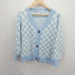 ◇ ⊇ ampm エーエムピーエム ハイゲージ ニット チェック柄 長袖 カーディガン サイズL ライトブルー系 レディース E  【1506230017591】