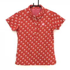 【超美品】ルコック 半袖ポロシャツ レッド×白 ヤシの木柄 ボタンダウン レディース M ゴルフウェア le coq sportif