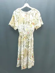 ◇ H&M ボタニカル ウエストマーク 薄手 半袖 ロング丈 ワンピース サイズ150/80A ホワイト/イエロー レディース E  【1307260042276】