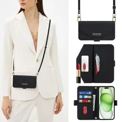 【特売】【Hamany】 対応 iphone15plus ケース ショルダー 鏡 アイホン15プラス ケース 手帳型 ストラップ付き ミラー スマホケース 対応iphone 15 plus 財布 クロスボディケース 肩がけ 耐衝撃 レザー カバー -黒