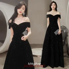 イブニングドレス オフショルダー 黒 パーティードレス ベルベット 30代 40代 二次会ドレス お呼ばれドレス Vネック ロングドレス 結婚式ドレス xzjhske#