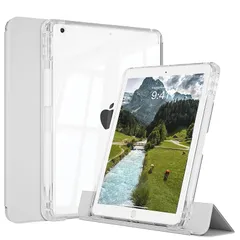 【新品】 KTGGHG iPad 9世代 ケース 第8/7世代 (2021/2020/2019) 対応 10.2インチ用 縦置き 分離式 横向き＆縦向きスタンド機能付き 軽量保護ケース クリアバックカバー オートスリープ 三つ折り ペン収納（ライトグレー） 1