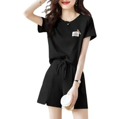 [ReiLuana] ルーム ウェア レディース 半袖 上下 セット アップ リラックス ショート パンツ ワンマイル (JP, アルファベット, L, ブラック) [ブラック] [L]