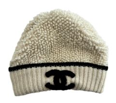 【美品】CHANEL/シャネル 24K ココマーク ロゴ ニットキャップ カシミア ホワイト×ブラック レディース