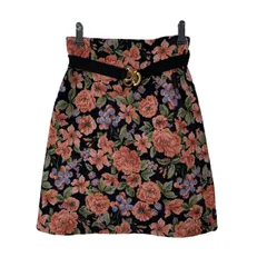 Z1511Apuweiser-riche アプワイザーリッシェ 台形スカート ゴブラン風 花柄 ベルト付 ブラック サイズ0