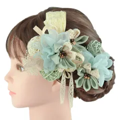 髪飾り 成人式 つまみ細工 振袖 前撮り 袴 リボン 花 3点セット 緑 黄緑 白 クリーム色 ゴールド 玉飾り 組紐 下がり 造花 カ No.9-5253