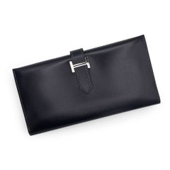 エルメス ベアン クラシック 二つ折り長財布 ボックスカーフ レザー ダークネイビー 紺 シルバー金具 □F刻印 箱付 HERMES（美品）