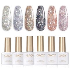 GAOY ジェルネイル カラージェルセット グリッター シャイニング ネイル ブラック シルバー ピンク 6色セット UV・LED対応 ポリッシュタイプ セルフネイル 1