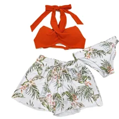 【Beach Queen/ビーチクイーン】レディース水着 ボタニカル柄 花柄 ニット 水着セット オレンジ ビキニ セパレート ショートパンツ付き（新品・未使用）