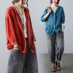 カーディガン チュニック 七分袖 フード付き ブラウン シャツ レディース 綿麻 カーデ トップス カジュアル UVカットchaoliu45