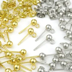 【特価商品】サージカルステンレス ピアス パーツ 4mm 丸玉 カン付き キャッチ付き ゴールド シルバー 2色20ペア40個 セット