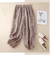 ワイドパンツ バルーンパンツ 花柄 レディース 綿麻パンツ コットン リネン パンツ 夏 ボトムス ナチュラル 大きいサイズ  春夏 森ガール ズボン 総柄 ウエストゴム ゆったり beibei07