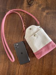 倉敷帆布　バイカラー　スマホポシェット　スマホショルダー　（キナリー×ピンク）