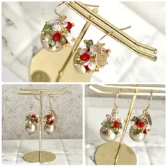 No.1473 クリスマスデザインのピアス　コットンパールのピアス　パールのピアス　パールのイヤリング　ハンドメイドピアス　イヤリング　ベージュ