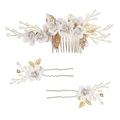 【特価商品】ヘアピン ウェディング ヘアピン 成人式 Uピン 七五三 コーム パーティー フラワー 披露宴 3点セット 卒業式 和装髪飾り 入学式 パール 和装 花 ヘアアクセサリー ヘアアクセサリー PureSino ヘッドドレス (A-WHITE) 髪飾り