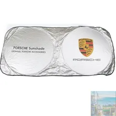 【美品・未使用新品】車内の暑さ対策に！目立つ ポルシェ Porsche ロゴ 大盤サンシェード 遮光 遮熱 プライバシー保護 日除け 日よけ コンパクト 収納袋付