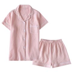 【数量限定】吸汗速乾 通気 二重ガーゼ ショートパンツ上下セット部屋着 肌に優しい 半袖シャツ ルームウェア 脱着簡単 綿100％ レディース 春夏 ガーゼパジャマ [ヒルトップクラウド]
