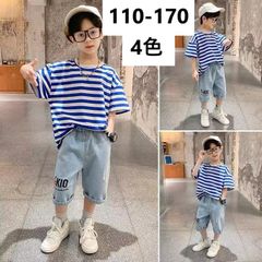 キッズ 子供服 セットアップ 上下セット Tシャツ+デニムパンツ 2点セット 夏 子供服 ボーダー柄男の子 tシャツ 半袖 薄手 ジュニア ハーフパンツ ボトムス 半ズボン ジーンズ  誕生日 プレゼント 幼稚園 小学生 KSGA037(4色110-170)