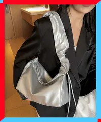 新品 ギャザー ショルダーバッグ 大容量 レディース ドロストバッグ 肩掛け 斜め掛け 無地 シルバー 人気 【送料無料】