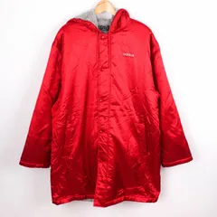アディダス ベンチコート ロングコート フード付き ナイロン 中綿入り アウター スポーツウェア メンズ Lサイズ レッド adidas 【中古】