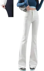 motayu18 ストレスなし 細見え スキニーパンツ レディース ズボン 黒パンツレディース ジーンズ ジーパン フレア ウエストゴム ストレッチ ハイウエスト(ホワイト,  L)