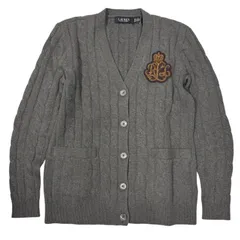 蛯原友里さん着用モデル 美品 ローレン ラルフローレン LAUREN RALPH LAUREN ケーブルニットカーディガン ワッペン ブリオン エンブレムロゴ グレー XS レディース