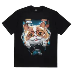 [Four leaf] TEE 猫 tシャツ おもしろ メンズ 半袖 夏服 面白い ビッグシルエット ティーシャツ ネコ ネタ プリント 猫柄 綿100 オリジナル 大きいサイズ 面白 カジュアル コットン めがね 黒 (JP, アル [ブラック] [2XL]