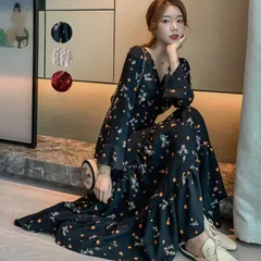 ティアードワンピース レディース 春 秋 夏 花柄 カシュクールワンピ Vネック フレアワンピース 長袖 ロングワンピ Aライン ハイウエスト きれいめ おしゃれ 韓国ファッション xzjhglu#