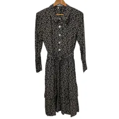 美品 JIL SANDER+ ジルサンダー ヴィンテージ 総柄 ベルテッド ロングシャツワンピース 36 ブラック×ベージュ レディース 古着 中古 USED