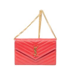 YVES SAINT LAURENT イヴサンローラン エンベロープチェーンウォレット 赤 グレイン・ド・プードルレザー AB