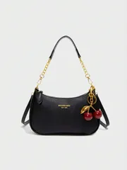 バッグ レディース ショルダーバッグ 新作ファッションクラシック野生文字柄装飾デザイン無地カラーPU防水生地ショルダーバッグ三日月バッグ脇持ちバッグ 買い物に最適、斜めがけ可能。さくらのペンダント装飾、夏のミニバッ