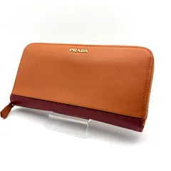 【 美品 】PRADA　プラダ　ラウンドファスナー　長財布　サフィアーノレザー　バイカラー　オレンジ／レッド