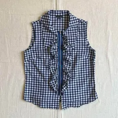 00s　archive　紺白　ネイビー×ホワイト　ギンガムチェック　総柄　ノースリーブブラウス　フリル　ウィッシュコア　Y2K