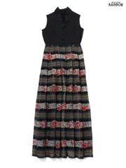 古着 フリル 花柄 チェック柄 ドット柄 ロング丈 ノースリーブ ワンピース 黒 (otu2404009)