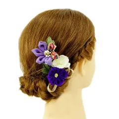 髪飾り 成人式 つまみ細工 振袖 前撮り 袴 浴衣 夏祭り 花火大会 豪華2点セット 紫 薄紫 白 ゴールド ちりめん 組紐 パール 和 No.9-3624