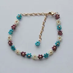 【B-7】お花ビーズブレスレット　ターコイズ