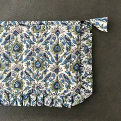 フリルフラットポーチ　ブロックプリント　ことり