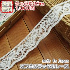 2.5cm幅オフ白の花柄ラッセルレース(20m)