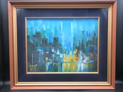 ◆油彩画 油絵 肉筆 街 都会 夜景 風景画 額縁