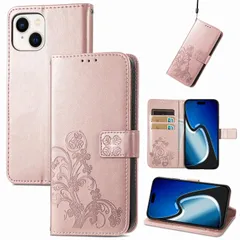に適用するiPhone 15 ケース 手帳型 ノートブック型携帯電話保護カバー多機能携帯電話ホルスター財布携帯電話ホルダーバンプパターンテクスチャ耐久性摩擦耐性携帯電話ケース男性と女性に適した多色オプション (四つ葉のクローバーローズゴールド)